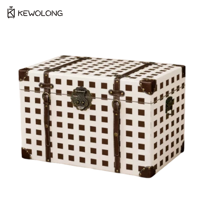 Retro Vintage Trunk Suitcase - Kotak Penyimpanan Kayu Motif Kotak-kotak Vintage,